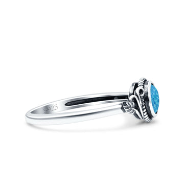Filigree Petite Dainty Round Lab Created Blue Opal Promise Ring Band Oxidized 925 Sterling Silver